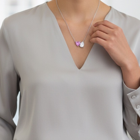 simply silver Jewelry - Pink Heart White Pear-Shaped Cubic Zirconia You & Me Necklace in Sterling Silver